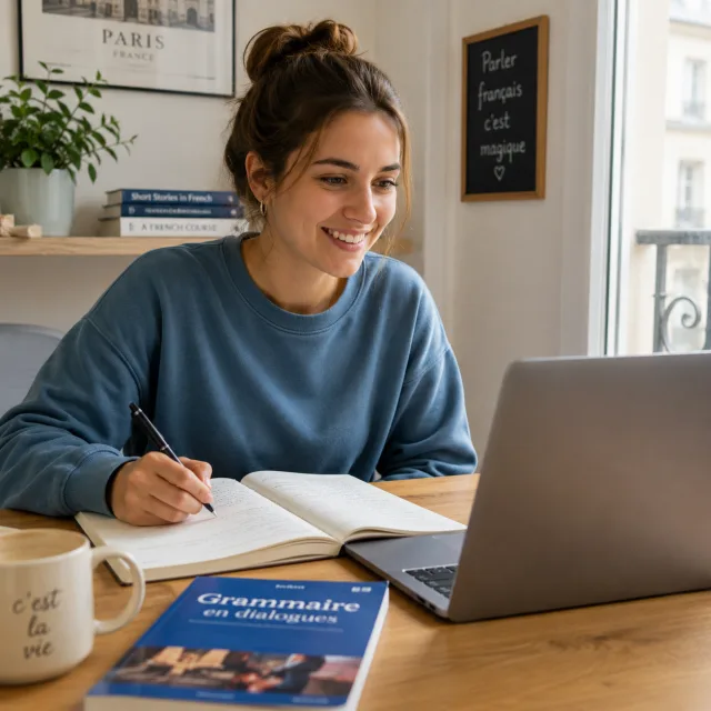 Une apprenante prend des notes de français devant son ordinateur