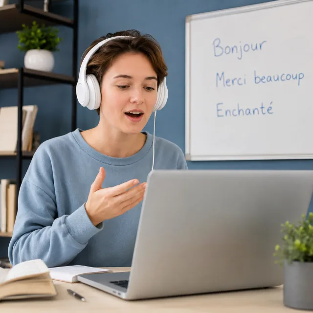 Une personne s'exerce à la prononciation à voix haute, casque sur les oreilles